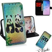 Gekleurde tekening patroon Kleurrijke magnetische gesp Horizontale flip PU lederen tas met houder & kaartsleuven & portemonnee & lanyard voor Galaxy S10 + (twee panda's)