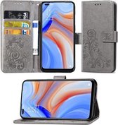 Voor OPPO Reno4 vierbladige sluiting reliëf gesp mobiele telefoon bescherming lederen tas met lanyard & kaartsleuf & portemonnee & beugel functie (grijs)