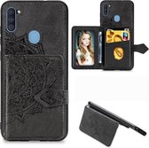 Voor Samsung Galaxy A11 Mandala Reliëf Magnetische Doek PU + TPU + PC Case met Houder & Kaartsleuven & Portemonnee & Fotolijst & Riem (Zwart)