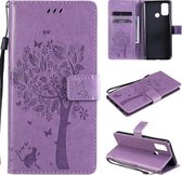 Voor OPPO A53 (2020) / A32 Tree & Cat Pattern Pressed Printing Horizontale Flip PU lederen tas met houder & kaartsleuven & portemonnee & lanyard (lichtpaars)