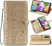 Voor Samsung Galaxy A41 Mooie kat en hond reliëfpatroon Horizontale flip lederen tas, met houder & kaartsleuven & portemonnee & cartoon sluiting & lanyard (goud)