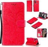 Voor Galaxy A11 Lace Flower Embossing Pattern Horizontale Flip lederen tas, met houder & kaartsleuven & portemonnee & fotolijst & lanyard (rood)