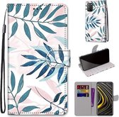 Voor Geschikt voor Xiaomi Poco M3 Gekleurde Tekening Cross Textuur Horizontale Flip PU Lederen Case met Houder & Kaartsleuven & Portemonnee & Lanyard (Roze Groen Blad)