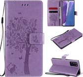 Voor Samsung Galaxy Note20 Tree & Cat Pattern Pressed Printing Horizontale Flip PU lederen tas met houder & kaartsleuven & portemonnee & lanyard (lichtpaars)