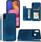 Voor Samsung Galaxy A20 / A30 Mandala reliëf PU + TPU hoesje met houder & kaartsleuven & fotolijst & riem (blauw)