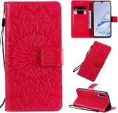 Voor Xiaomi Mi 9 Pro Geperst Afdrukken Zonnebloempatroon Horizontale Flip PU-lederen hoes met houder & kaartsleuven & portemonnee & lanyard (rood)