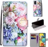 Voor Samsung Galaxy A51 5G Gekleurde Tekening Cross Textuur Horizontale Flip PU Lederen Case met Houder & Kaartsleuven & Portemonnee & Lanyard (Lichtroze Boeket)