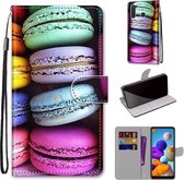Voor Samsung Galaxy A21 Gekleurde Tekening Cross Textuur Horizontale Flip PU Lederen Case met Houder & Kaartsleuven & Portemonnee & Lanyard (Kleurrijke Laagcake)