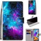 Voor Samsung Galaxy A21s Gekleurde tekening Cross Texture Horizontale Flip PU lederen tas met houder & kaartsleuven & portemonnee & lanyard (paarsgroene sterrenhemel)
