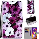 Voor Samsung Galaxy M31s Gekleurde tekening Cross Texture Horizontale Flip PU lederen tas met houder & kaartsleuven & portemonnee & lanyard (Chrysanthemum Pink White Purple)