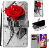 Voor Samsung Galaxy M31s Gekleurde tekening Cross Texture Horizontale Flip PU lederen tas met houder & kaartsleuven & portemonnee & lanyard (rode roos op houten)