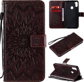 Voor Samsung Galaxy A11 (Amerikaanse versie) Geperst afdrukken Zonnebloempatroon Horizontale flip PU lederen tas met houder & kaartsleuven & portemonnee & lanyard (bruin)