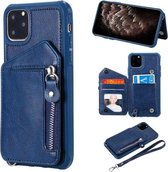 Voor iPhone 11 Pro Max Dubbele gespen Rits Schokbestendige achterkant Beschermhoes met houder & kaartsleuven & portemonnee & lanyard & fotolijsten (blauw)