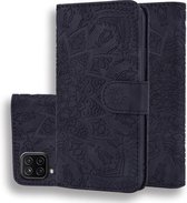 Reliëf zonnebloempatroon horizontale flip PU lederen tas met houder & kaartsleuven & portemonnee & lanyard voor Samsung Galaxy A12 (zwart)