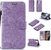 Voor iPhone 12/12 Pro kanten bloem horizontaal flip lederen hoesje met houder & kaartsleuven & portemonnee & fotolijst (paars)