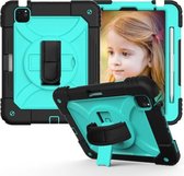 Voor iPad Air (2020) 10.9 Schokbestendige pc + siliconen combinatiebehuizing met houder en draagriem en schouderriem (zwart + mintgroen)