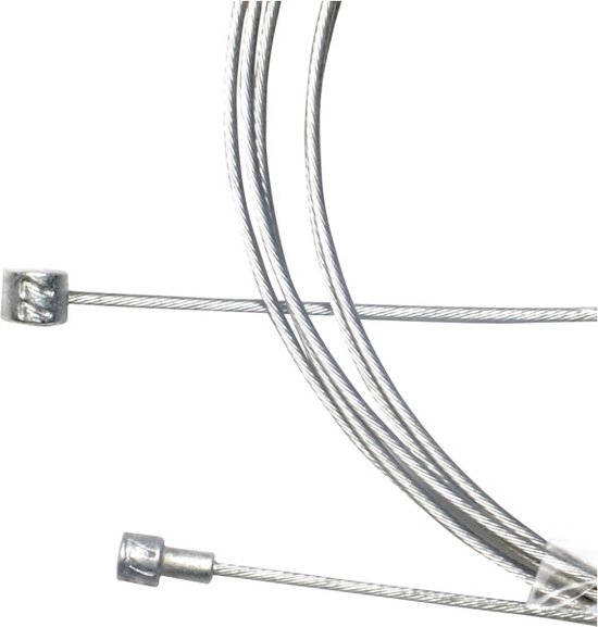 Zilverkleurige remkabel met metalen nippel aan beide uiteinden.