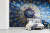 Behang - Fotobehang Cirkel - Mandala - Blauw - Geel - Breedte 420 cm x hoogte 280 cm
