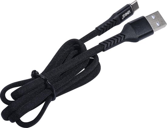 Câble USB-C UNIQ noir, enroulé et attaché. Le câble est tressé et porte le logo UNIQ sur les connecteurs. Un côté est un connecteur USB-A, l'autre est un connecteur USB-C.