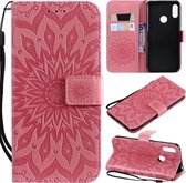 Sun Embossing Pattern Horizontal Flip Leather Case voor Huawei Honor Play 8A / Y6 (2019), met kaartsleuf en houder & portemonnee en lanyard (roze)