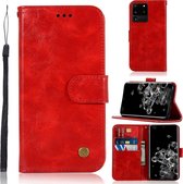 Voor Galaxy S20 Ultra Retro koperen knop Crazy Horse Horizontale flip PU lederen tas met houder & kaartsleuven & portemonnee en lanyard (rood)