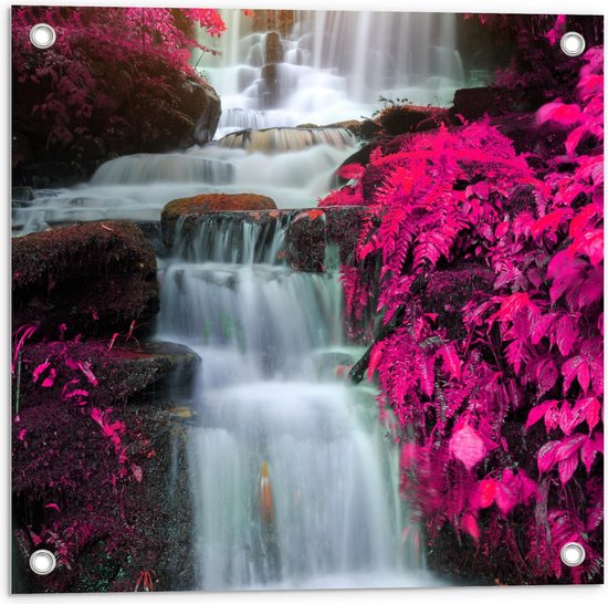 Tuinposter – Waterval tussen Roze Bloemen door - 50x50cm Foto op Tuinposter  (wanddecoratie voor buiten en binnen)