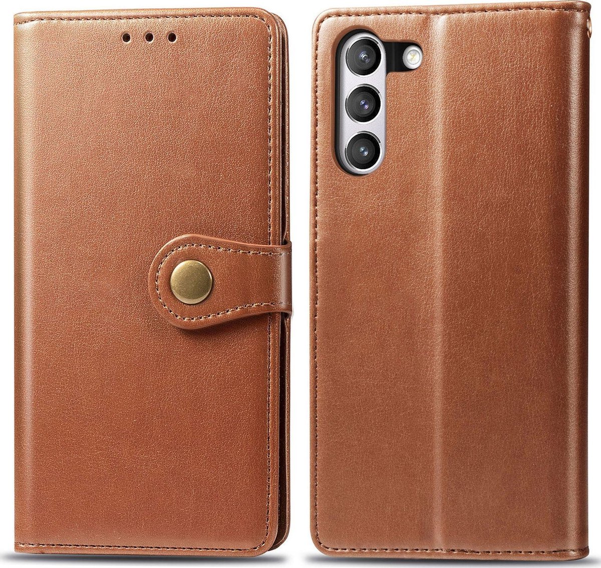 Mobigear Telefoonhoesje geschikt voor Samsung Galaxy S21 FE Hoesje | Mobigear Snap Button Bookcase Portemonnee | Pasjeshouder voor 3 Pasjes | Telefoonhoesje voor Pinpas / OV Kaart / Rijbewijs - Cognac