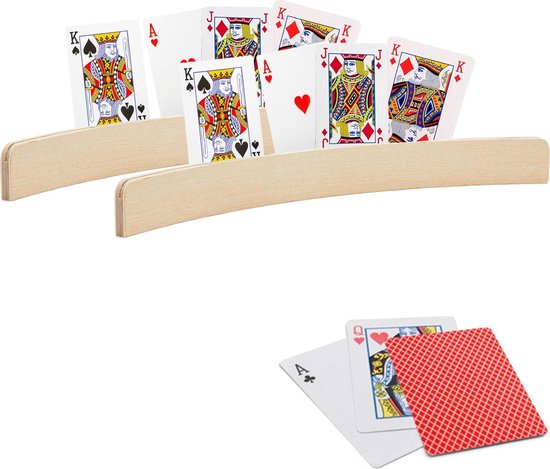 Thumbnail van een extra afbeelding van het spel 2x stuks Speelkaarthouders - inclusief 54 speelkaarten rood geruit - hout - 35 cm - kaarthouders