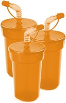 6x stuks afsluitbare drinkbekers oranje 400 ml met rietje - sport bekers/limonade bekers - peuters/kinderen