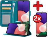 Samsung A22 4G Hoesje Book Case Met 2x Screenprotector - Samsung Galaxy A22 4G Hoesje Wallet Case Portemonnee Hoes Cover - Turquoise