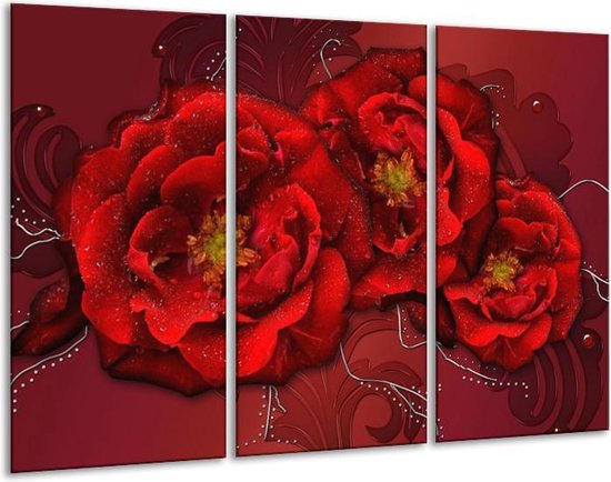 GroepArt - Schilderij -  Bloem - Rood - 120x80cm 3Luik - 6000+ Schilderijen 0p Canvas Art Collectie