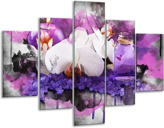Glasschilderij -  Orchidee - Paars, Blauw, Wit - 100x70cm 5Luik - Geen Acrylglas Schilderij - GroepArt 6000+ Glasschilderijen Collectie - Wanddecoratie- Foto Op Glas