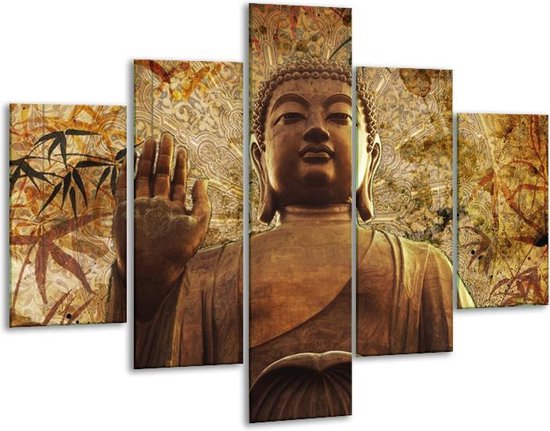 Glasschilderij -  Boeddha - Bruin, Grijs - 100x70cm 5Luik - Geen Acrylglas Schilderij - GroepArt 6000+ Glasschilderijen Collectie - Wanddecoratie- Foto Op Glas