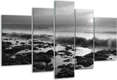 Glasschilderij Zee, Strand - Zwart, Grijs - 170x100cm 5Luik - Foto Op Glas - Geen Acrylglas Schilderij - 6000+ Glasschilderijen Collectie - Wanddecoratie