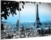 Glasschilderij Parijs, Eiffeltoren - Grijs, Blauw - 120x80cm 3Luik - Foto Op Glas - Geen Acrylglas Schilderij - GroepArt 6000+ Glas Art Collectie - Maatwerk Mogelijk