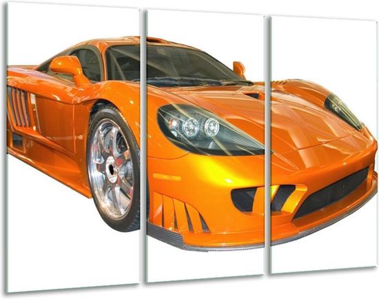 Glasschilderij Auto - Geel, Oranje, Wit - 120x80cm 3Luik - Foto Op Glas - Geen Acrylglas Schilderij - GroepArt 6000+ Glas Art Collectie - Maatwerk Mogelijk