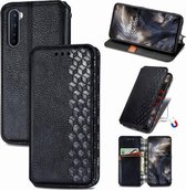 For One Plus Nord Cubic Grid Pressed Horizontal Flip Magnetic PU Leather Case met houder & kaartsleuven & portemonnee (zwart)