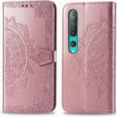 Voor Xiaomi Mi 10 Pro 5G Halverwege Mandala-reliëfpatroon Horizontale lederen flip-hoes, met houder & kaartsleuven & portemonnee & fotolijst & lanyard (roségoud)