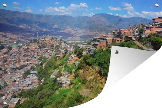 Tuinposter Uitzicht over Medellín en haar bergen in Colombia - 190x120 cm - Wanddecoratie Buiten - Tuinposter - Tuindoek - Schuttingposter - Tuinschilderij