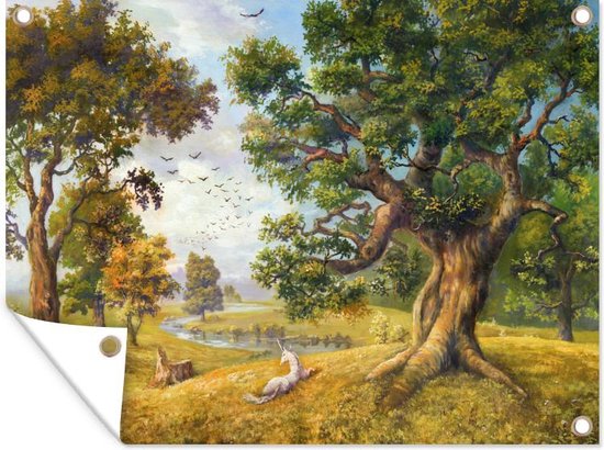 Tuin decoratie Olieverf schilderij van een eenhoorn naast een rivier - 40x30 cm - Tuindoek - Buitenposter