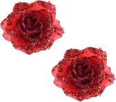 8x stuks rode glitter rozen met clip - Kerstversiering/kerstboomversiering