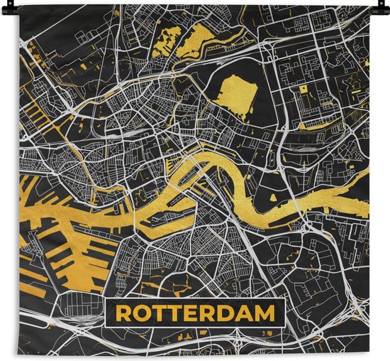 Wandkleed - Wanddoek - Kaart - Rotterdam - Goud - Zwart - 60x60 cm - Wandtapijt