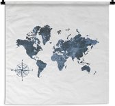 Wandkleed - Wanddoek - Wereldkaart - Blauw - Kompas - 90x90 cm - Wandtapijt