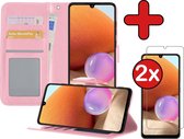 Hoesje Geschikt voor Samsung A32 4G Hoesje Book Case Hoes Portemonnee Cover Walletcase Met 2x Screenprotector - Hoes Geschikt voor Samsung Galaxy A32 4G Hoes Bookcase Hoesje - Lichtroze