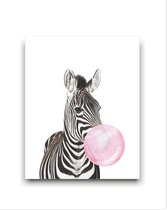 Schilderij  Zebra met Roze Kauwgom - Kinderkamer - Dieren Schilderij - Babykamer / Kinder Schilderij - Babyshower Cadeau - Muurdecoratie - 50x40cm - FramedCity