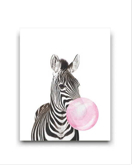 Schilderij Zebra met Roze Kauwgom - Kinderkamer - Dieren Schilderij - Babykamer / Kinder Schilderij - Babyshower Cadeau - Muurdecoratie - 50x40cm -...