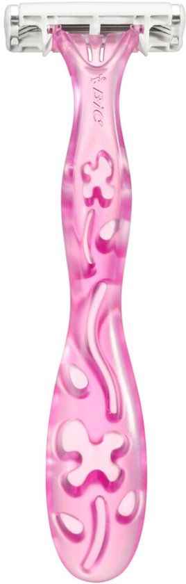 Roze BIC Miss Soleil Sensitive scheermes met bloemendecoratie op de steel.