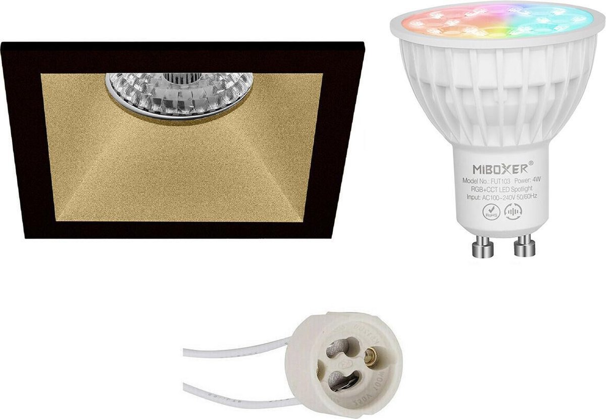 Mi-Light MiBoxer - LED Spot Set GU10 - Smart LED - Wifi LED - Slimme LED - 4W - RGB+CCT - Aanpasbare Kleur - Dimbaar - Proma Pollon Pro - Inbouw Vierkant - Mat Zwart/Goud - Verdiept - 82mm