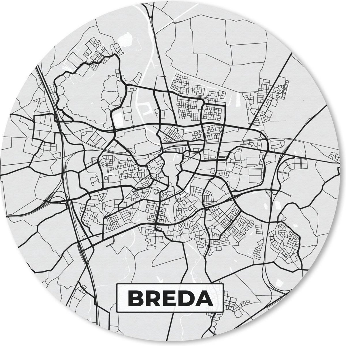 Muismat rond 30x30 cm - Mousepad Stadskaart - Breda - Grijs - Wit - Ronde muismatten