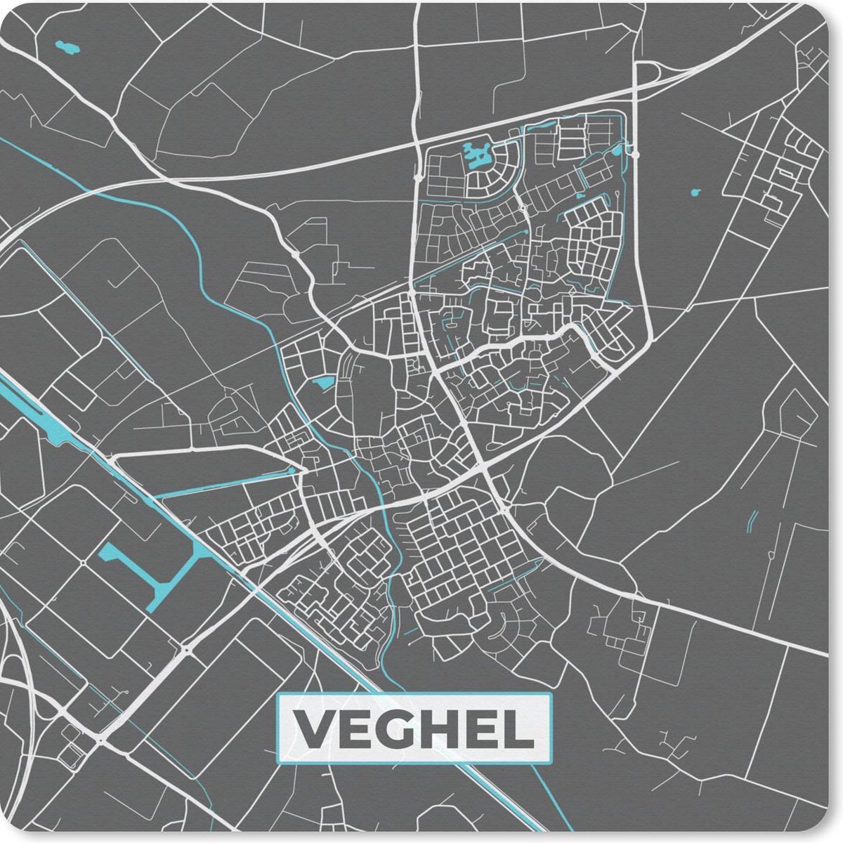 Muismat 20x20 cm - Mousepad Plattegrond - Veghel - Grijs - Blauw - Muismatten - Stadskaart